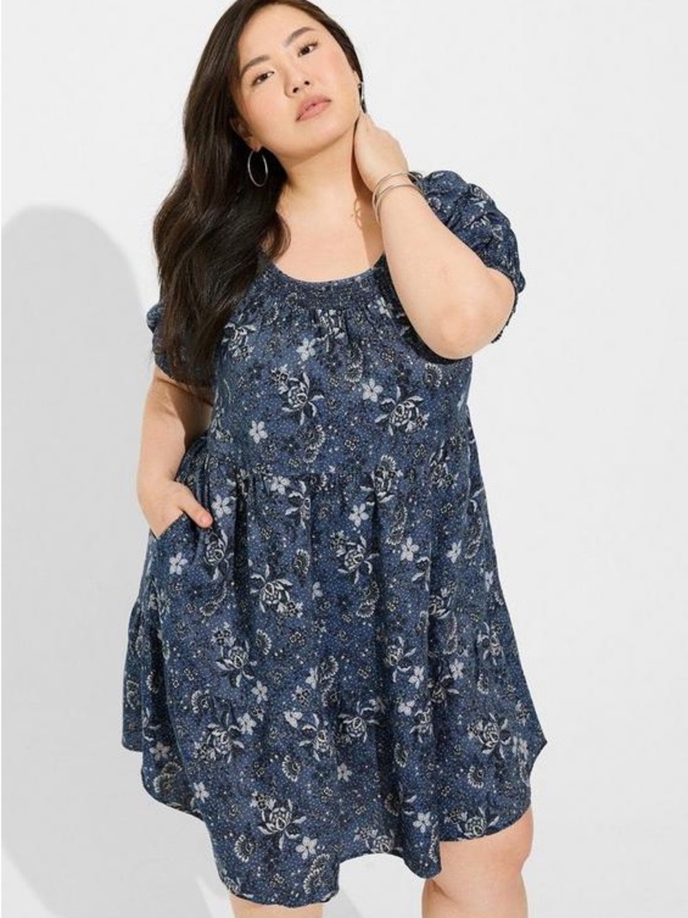Torrid Mini Chambray Puff Sleeve Smocked Floral Dress Blue Size 0